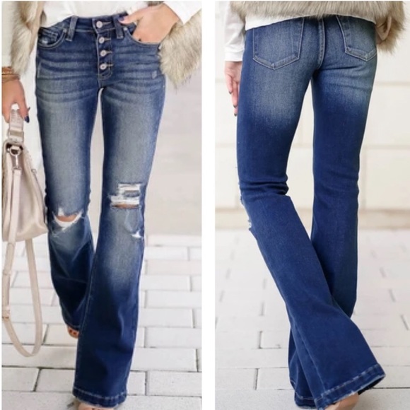 NWOT Kan Can Dark Wash Distressed Button Fly Flare Bell Bottom Denim Jean Petite - Picture 4 of 13